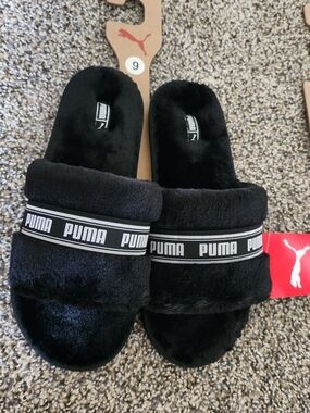 Puma Black plush slides